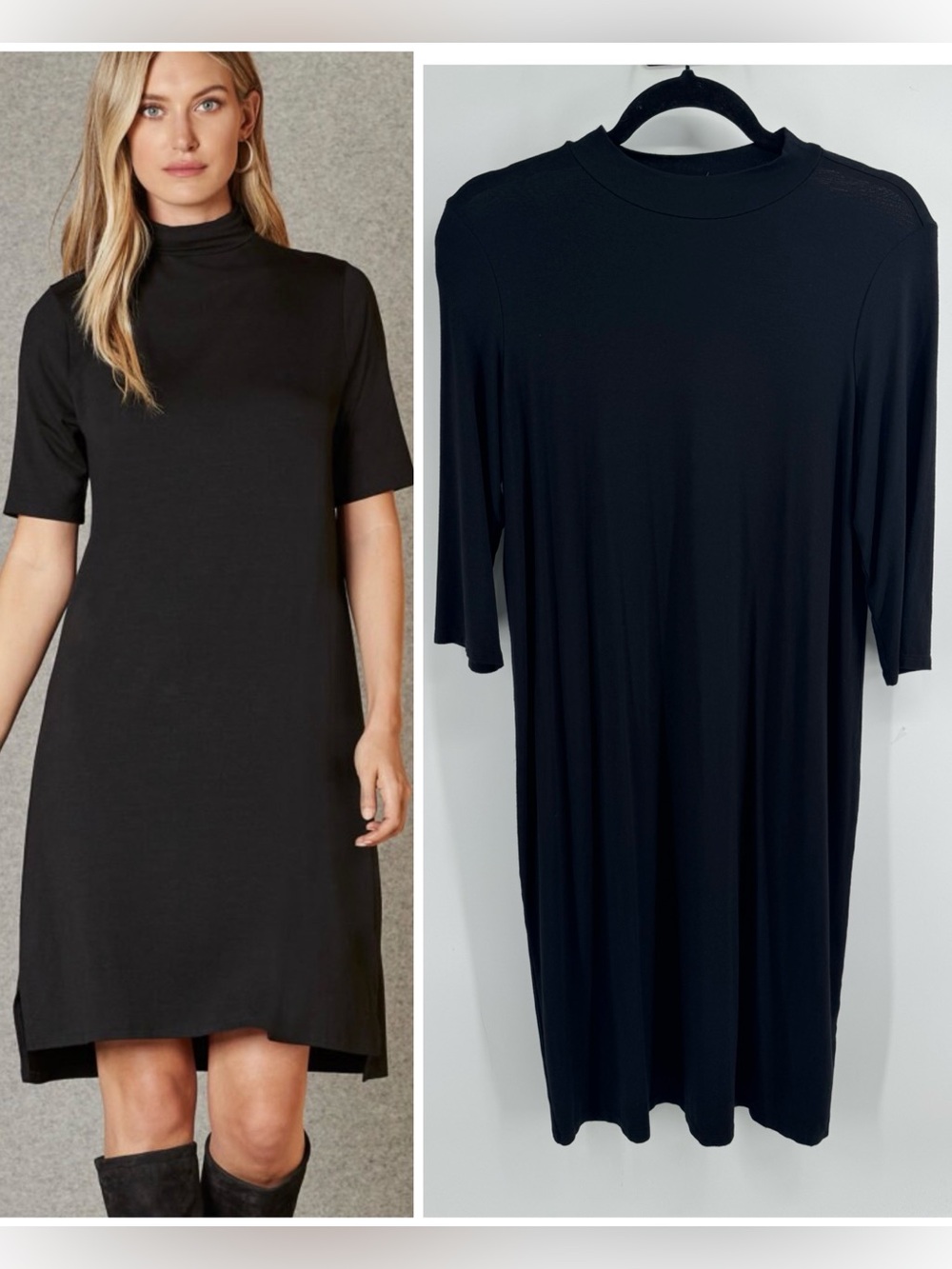 Eileen Fisher Black Mock Neck Midi Shift Dress Women's Size Small Minimalist